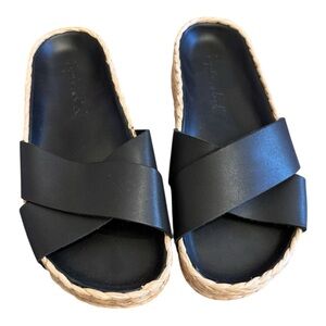 Splendid Becki Black leather Platform flatform Slide Sandals espadrilles rattan